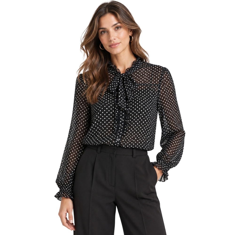 Maje Top Size 1 Small Black White Polka Dot Ruffle Tie Neck Sheer Viscose Blouse